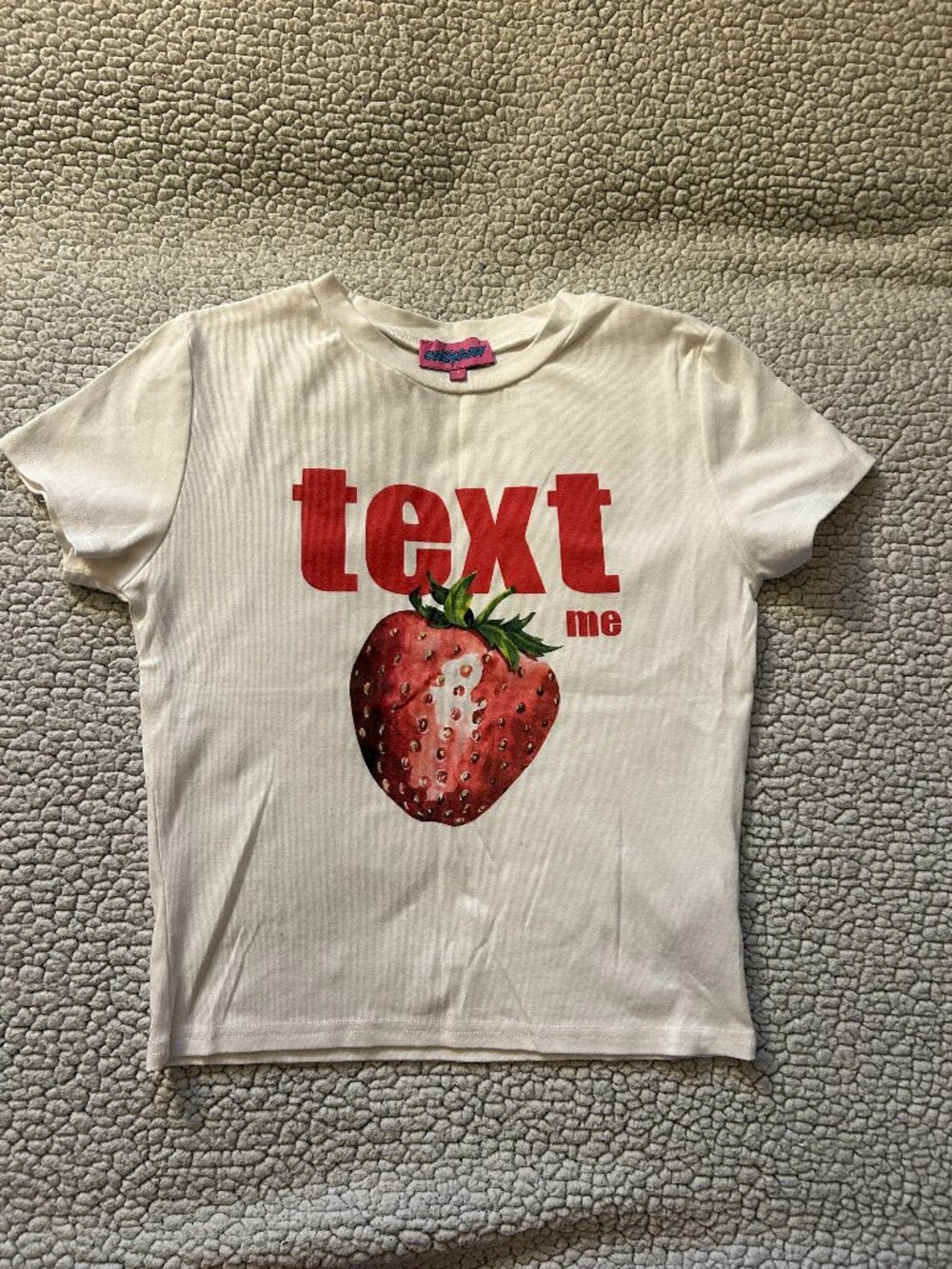 Edikted - white tee, 'text me' strawberry graphic